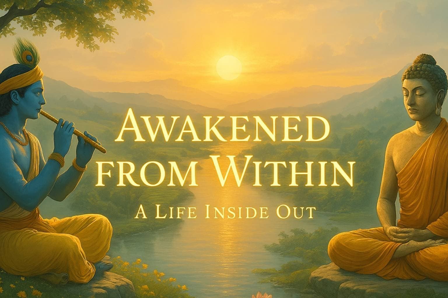 Illustration of Krishna playing the flute and Buddha in meditation facing a sunrise