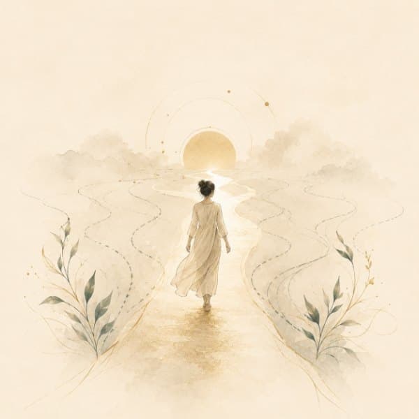 Watercolour of a figure walking a winding path toward the sun