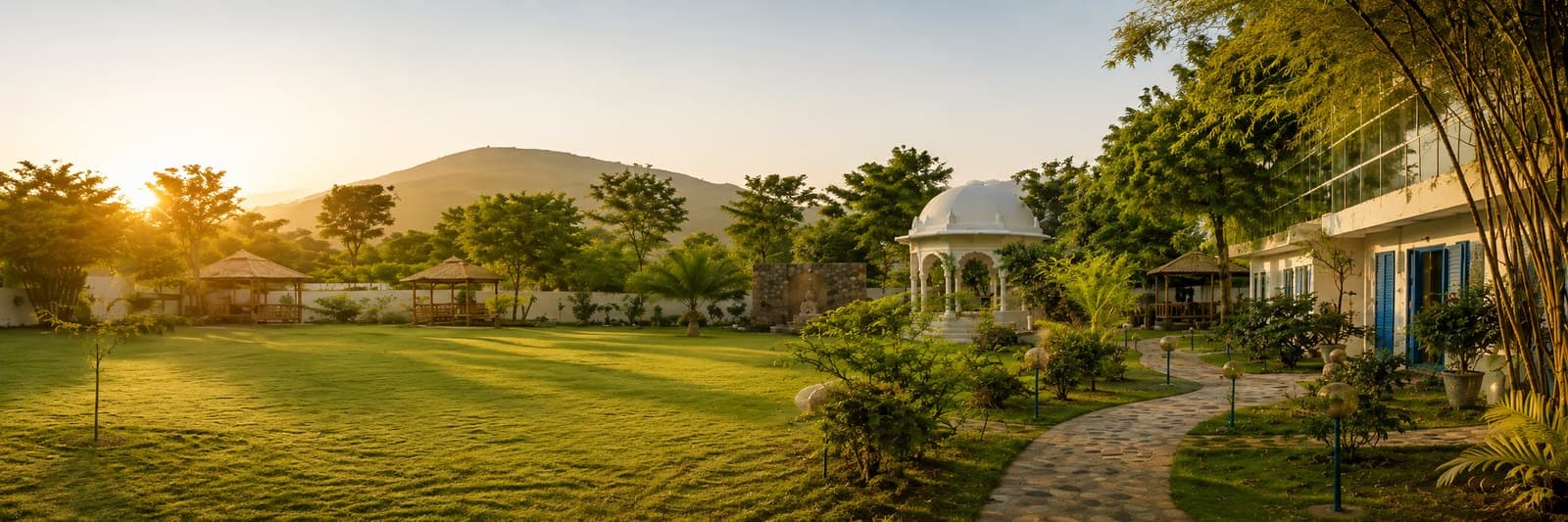 Golden evening light across the lawns and gardens of Anantpuram, with hills beyond