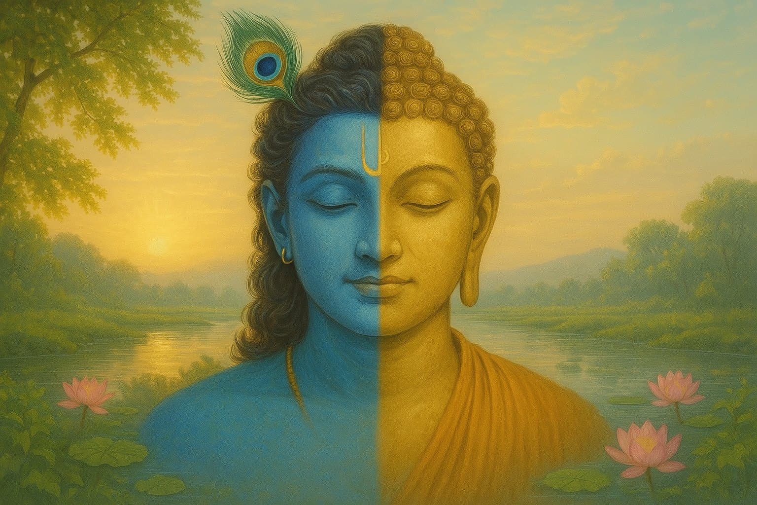 Painting of one face, half Krishna and half Buddha, beside a lotus pond