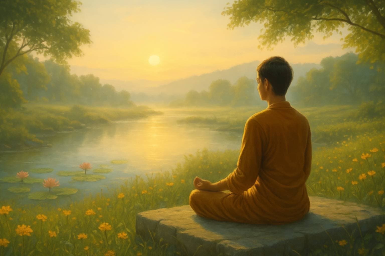 A person meditating on a stone by a river at golden hour
