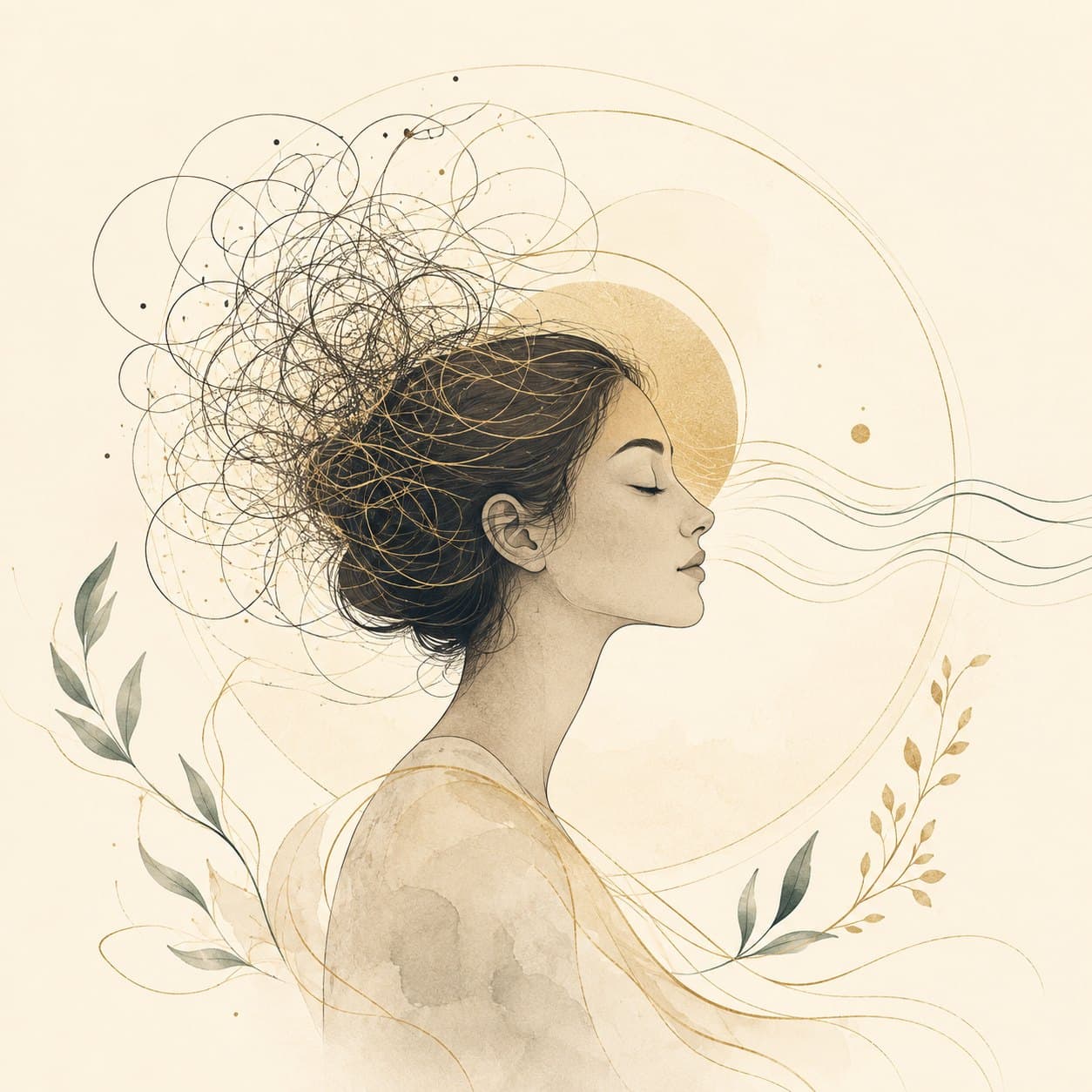 Watercolour of a woman with eyes closed, tangled lines of thought around her head