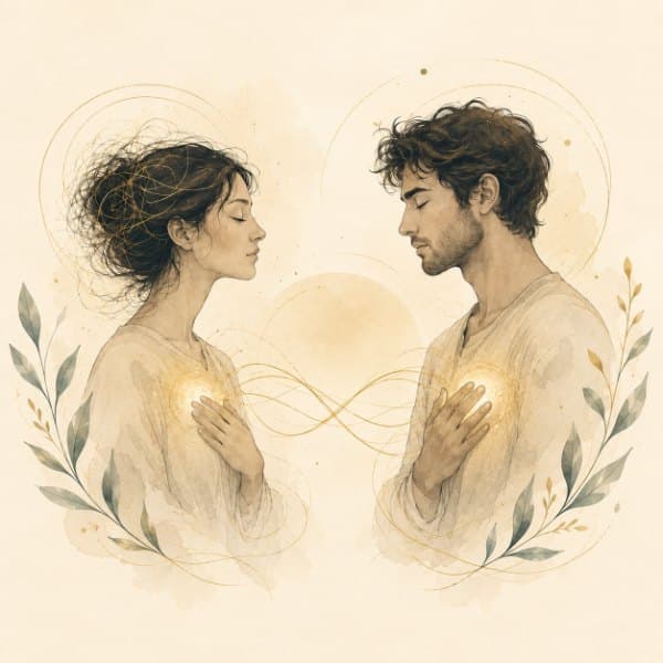 Watercolour of two people facing each other, hands on their hearts
