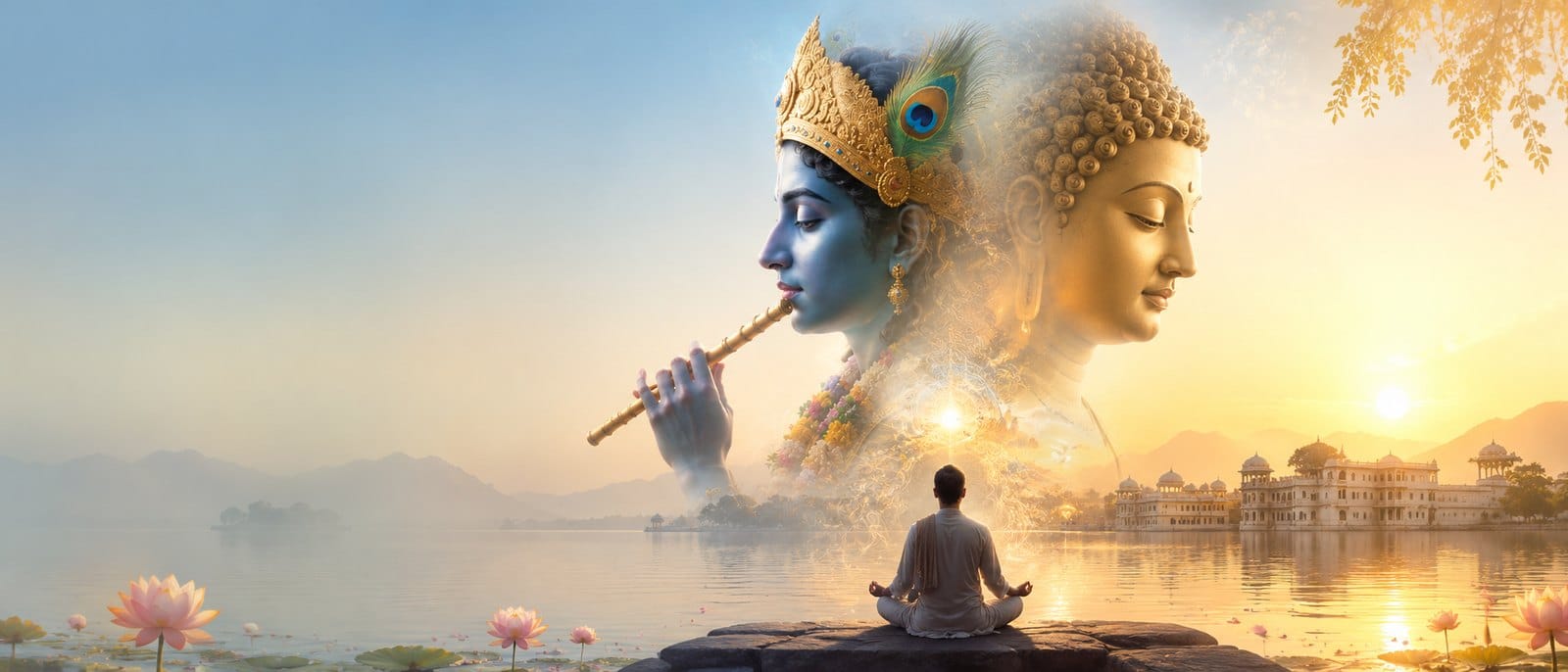 Painting of Krishna with his flute merging into the face of Buddha, above a meditator by a lake at sunrise