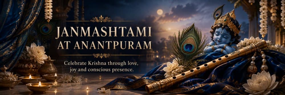 Janmashtami at Anantpuram — a festive banner with Krishna’s flute and peacock feather